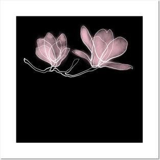 Magnolia Flowers, Pink, Drawing, Continuous Line, Dark Posters and Art